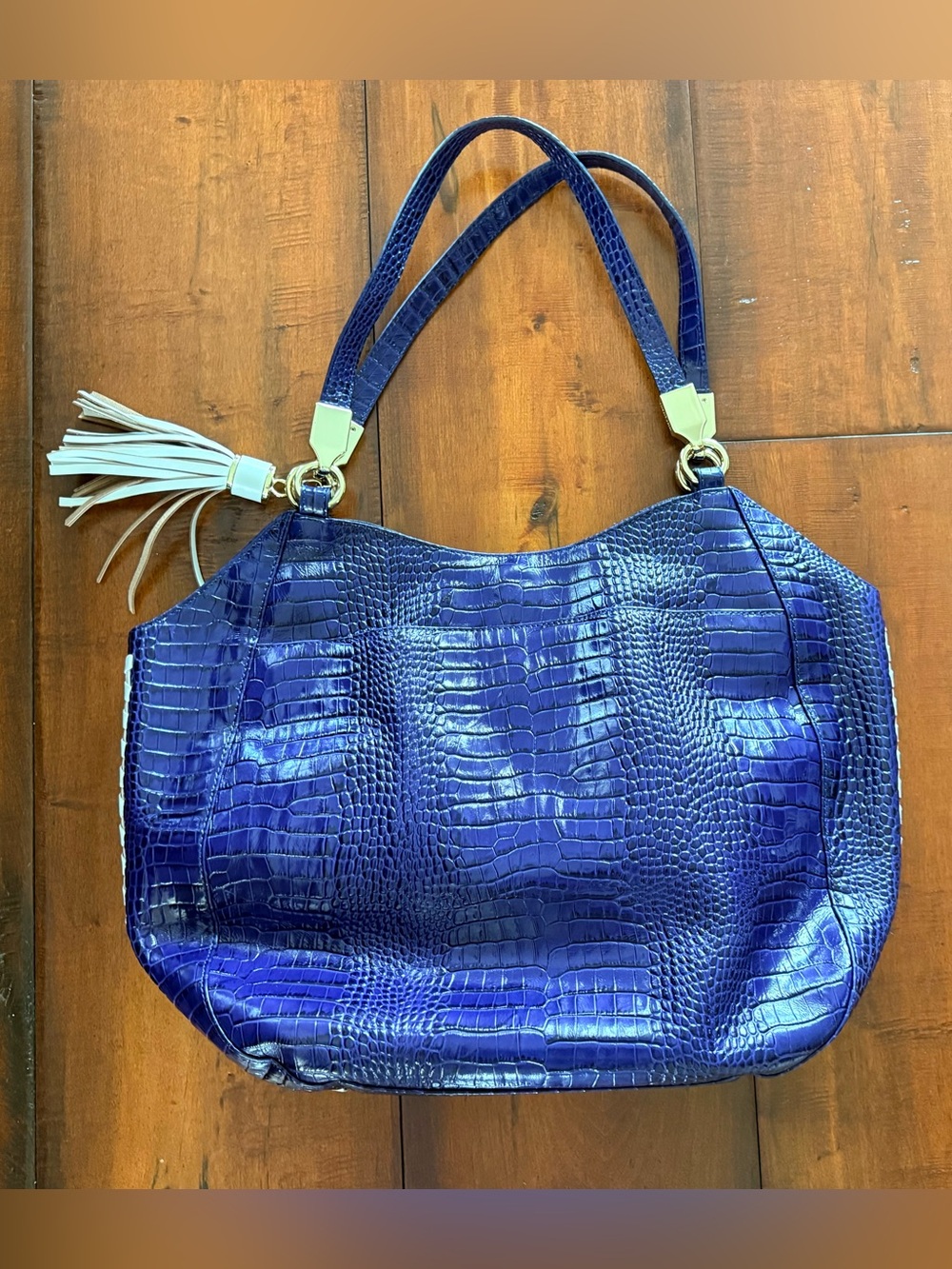 Brahmin Royal Blue Croc-Embossed Shoulder Tote with Ivory Accents - Picture 2 of 5
